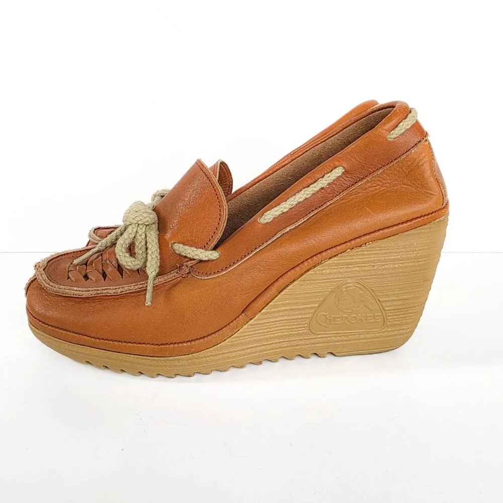 Vintage 70s Cherokee Buckwheat Platform Wedges Caramel Leather‎ Boho Shoes 7.5 N
